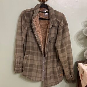 Teddy-Lined Plaid Shacket Jacket — Olive Plaid